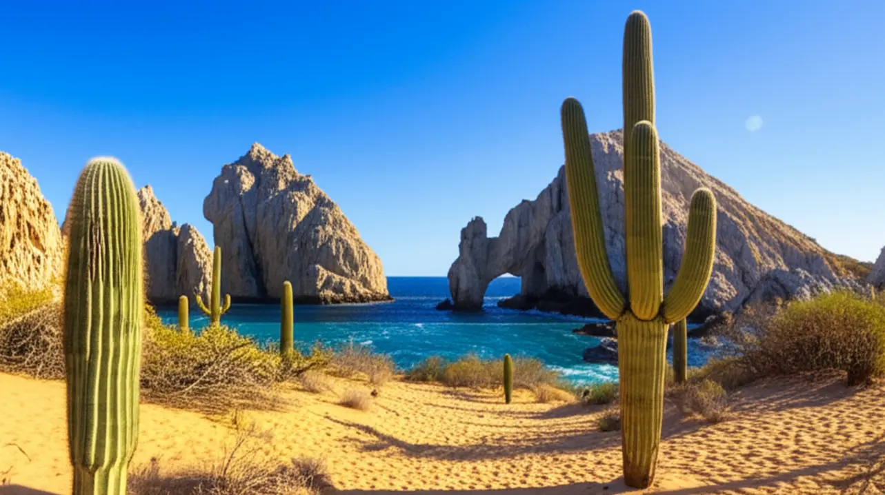 Vista panorâmica do deserto de Los Cabos encontrando o mar azul.