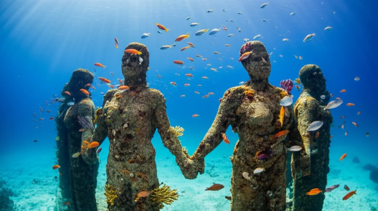 Esculturas subaquáticas no Molinere Underwater Sculpture Park sob a luz do sol.