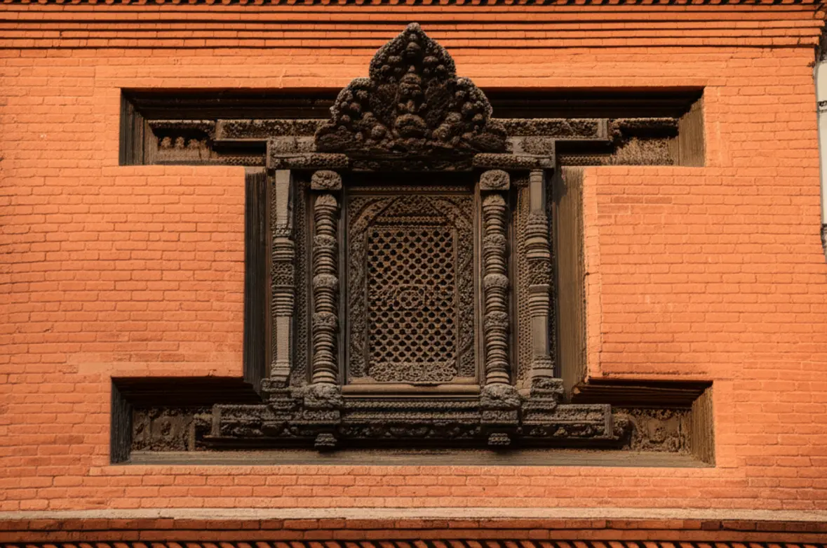 Detalhes arquitetônicos de madeira entalhada em um templo antigo na Durbar Square de Patan.