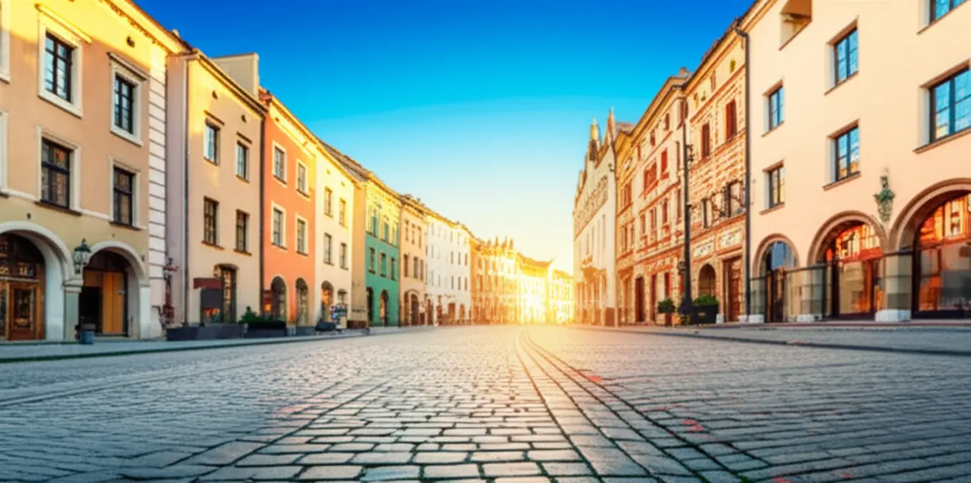 Rua histórica de paralelepípedos na Stare Miasto em Cracóvia com edifícios coloridos.
