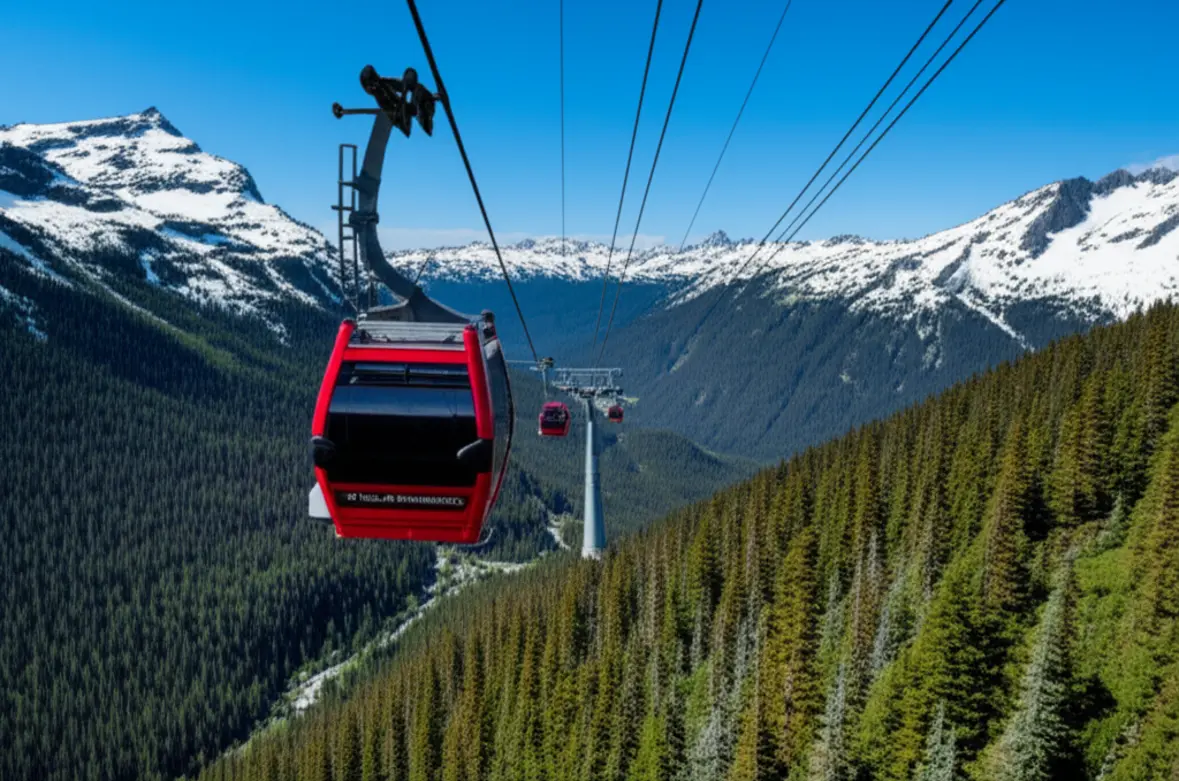 Cabine da gôndola Peak 2 Peak suspensa entre montanhas em Whistler.