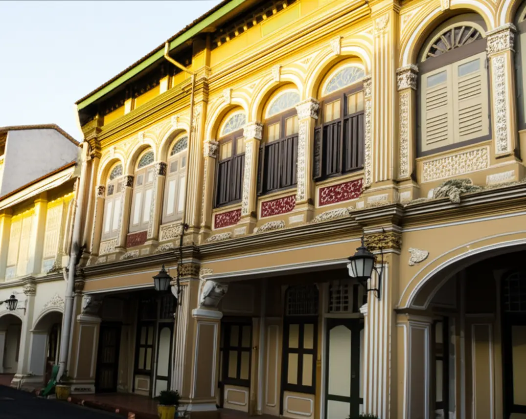 Rua histórica com prédios coloridos de arquitetura sino-portuguesa em Phuket.