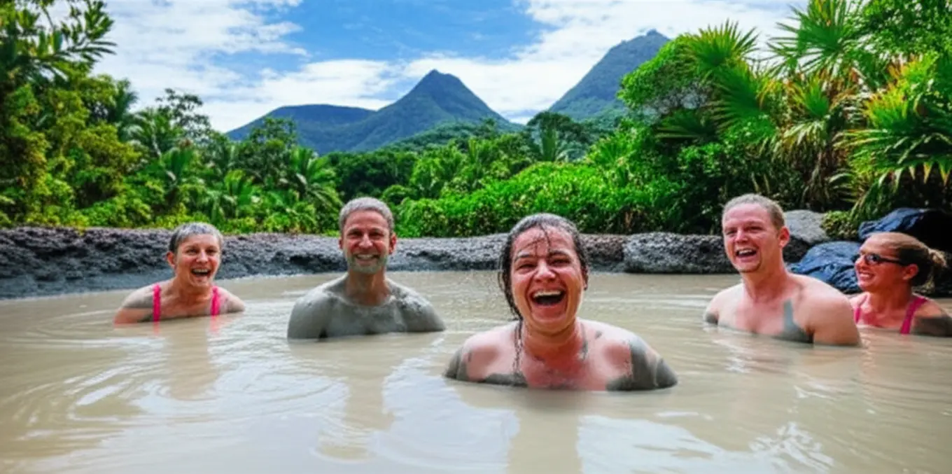 Pessoas relaxando em piscinas de lama naturais rodeadas por vegetação tropical em Nadi.
