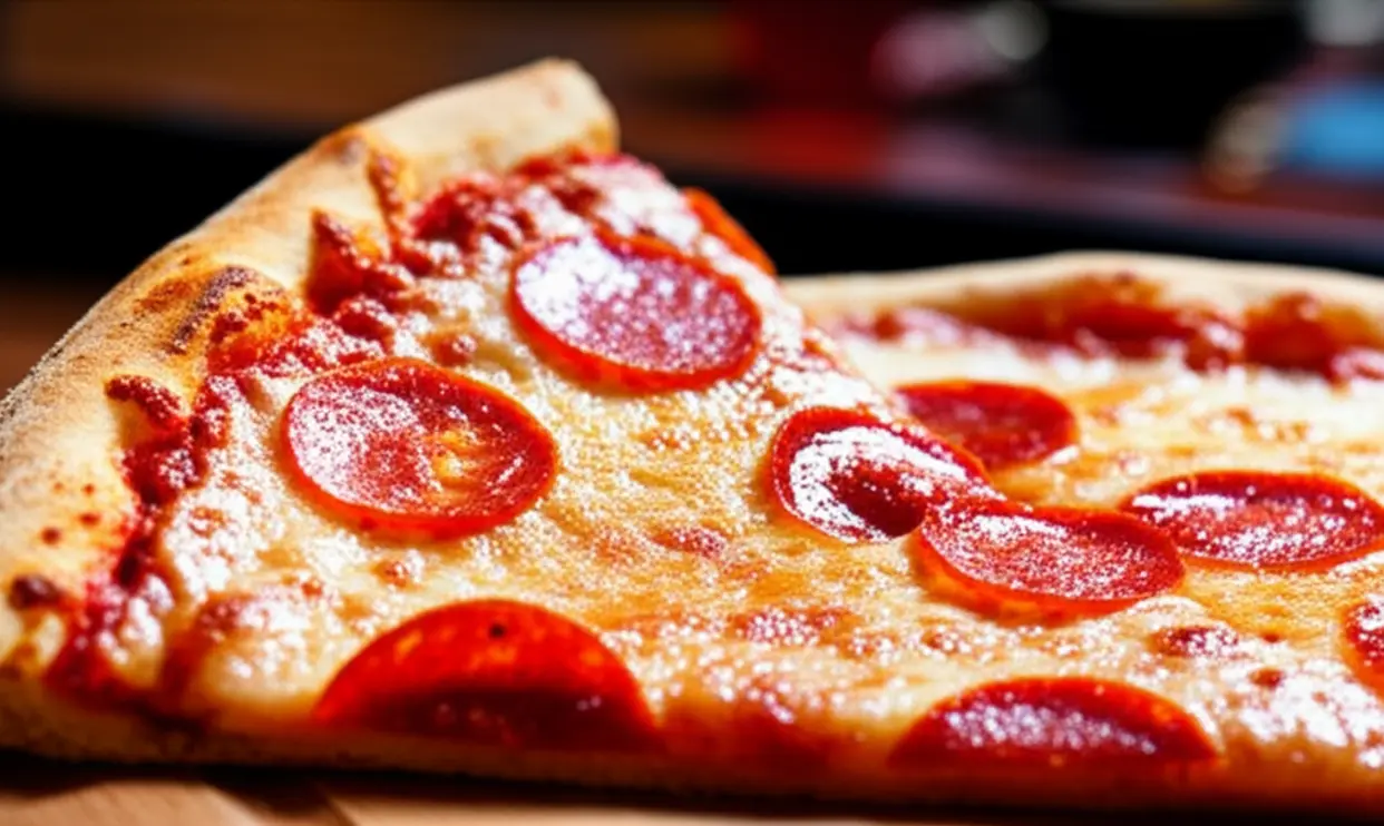 Close-up de uma fatia de pizza de pepperoni suculenta em Nova York.