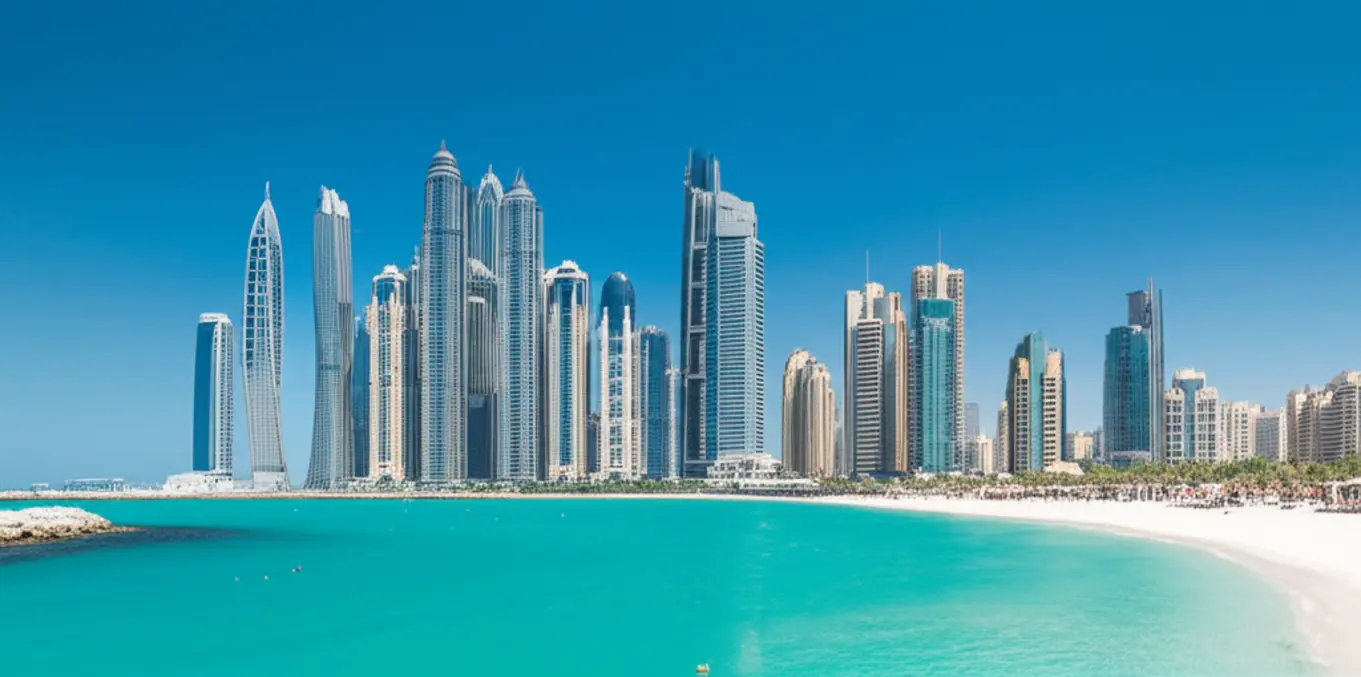 Orla de Corniche em Abu Dhabi com prédios modernos e mar azul.