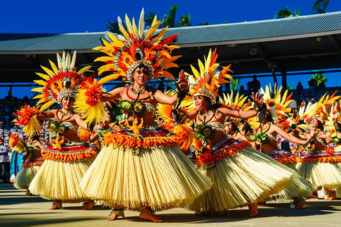 Apresentação cultural colorida durante o festival Heiva I Tahiti.