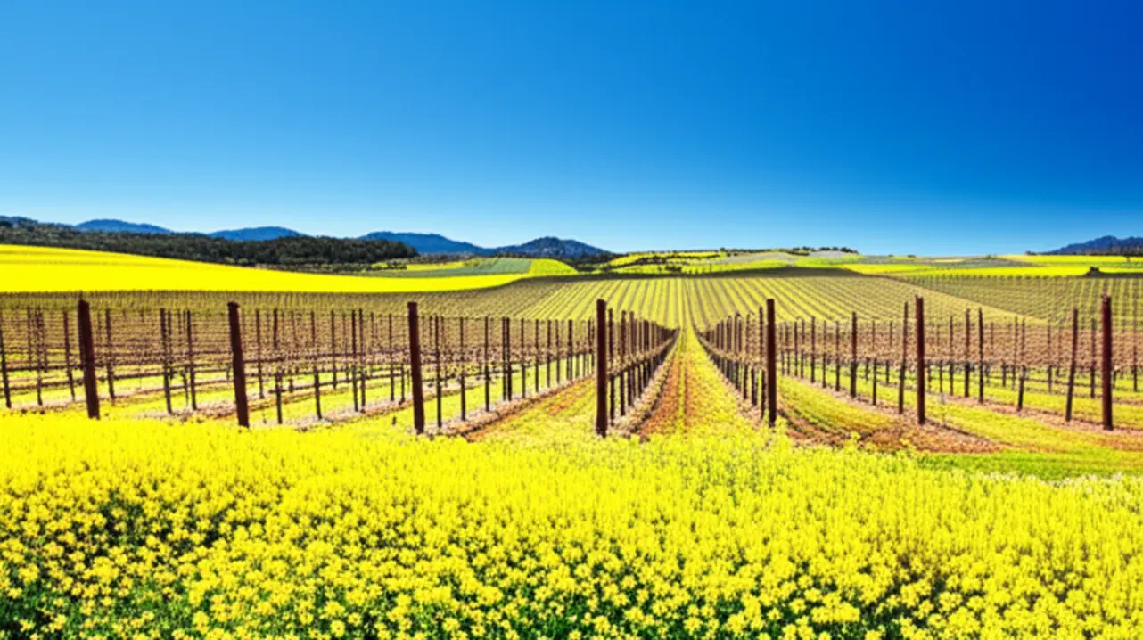 Vinhedos de Napa Valley cobertos por flores de mostarda amarela na primavera.