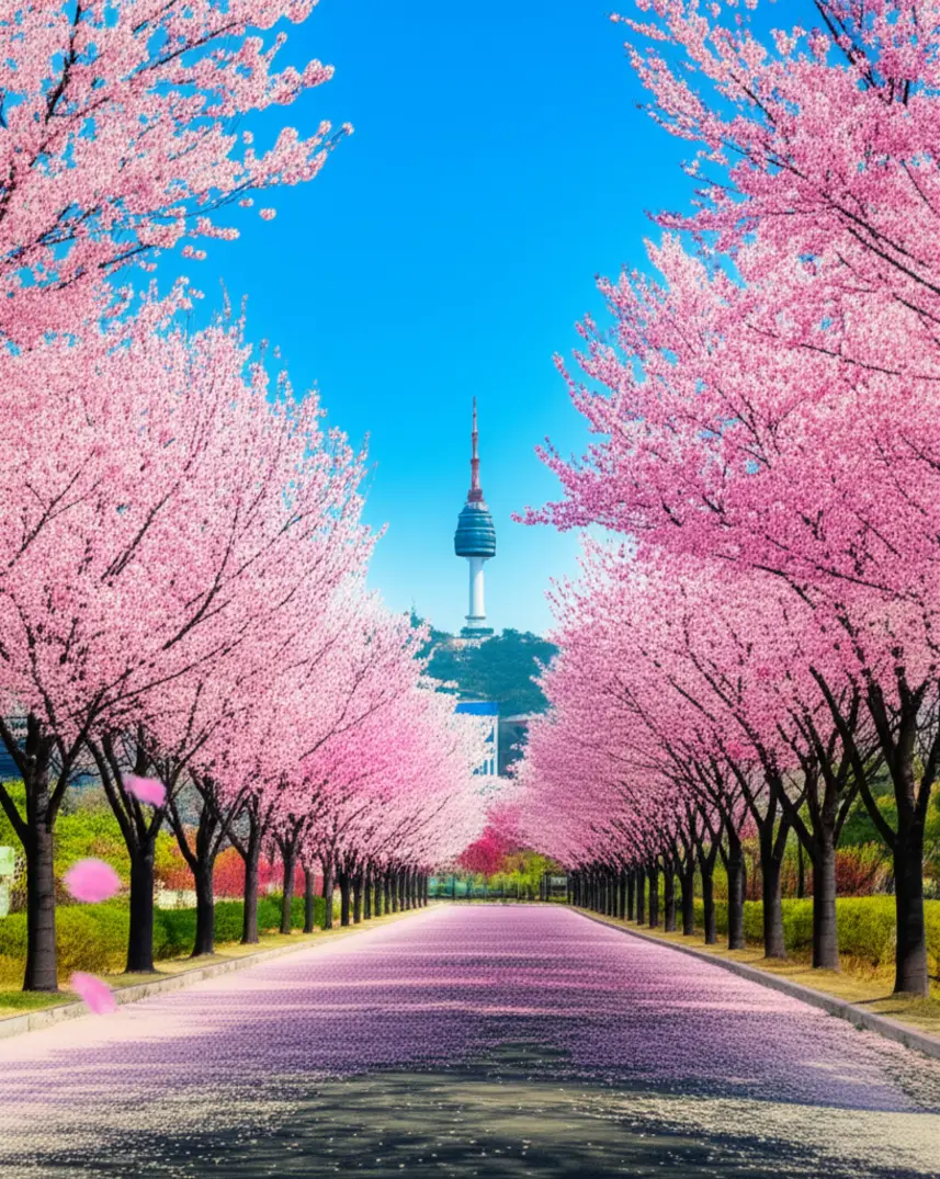 Rua de Seul repleta de cerejeiras em flor durante a primavera.