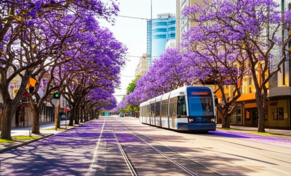 Bonde moderno passando por uma rua de Adelaide cercada por jacarandás roxos.