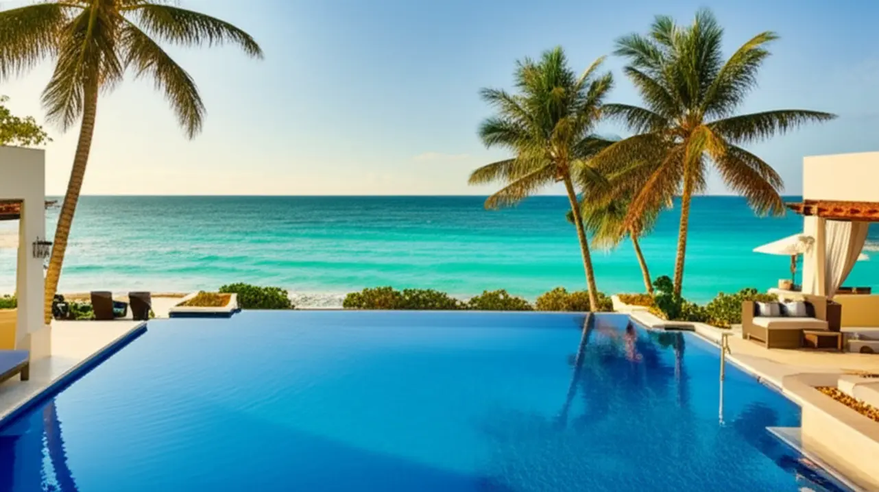 Resort de luxo com piscina de borda infinita de frente para o mar do Caribe em Grand Cayman.