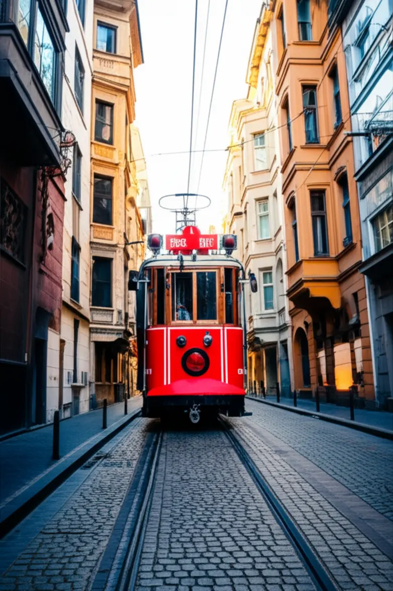 Bonde vermelho vintage circulando pela movimentada e histórica Rua Istiklal em Istambul.