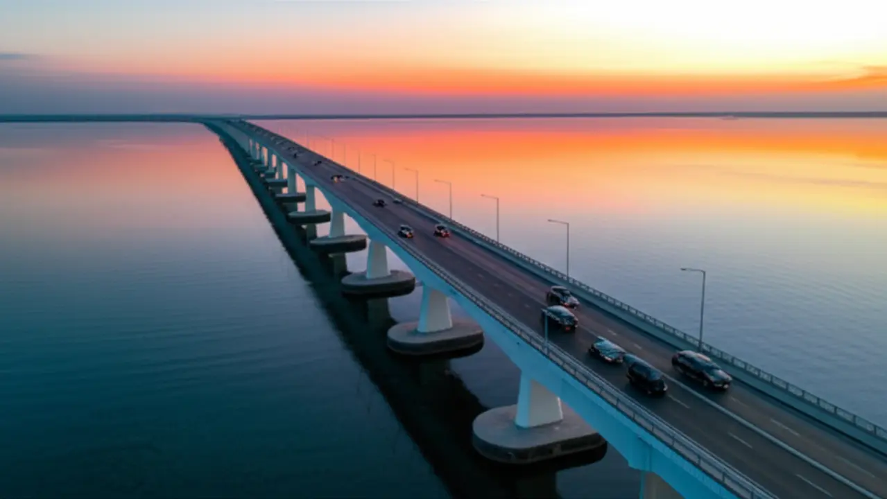 Ponte Sinamalé ligando as ilhas das Maldivas durante o pôr do sol.