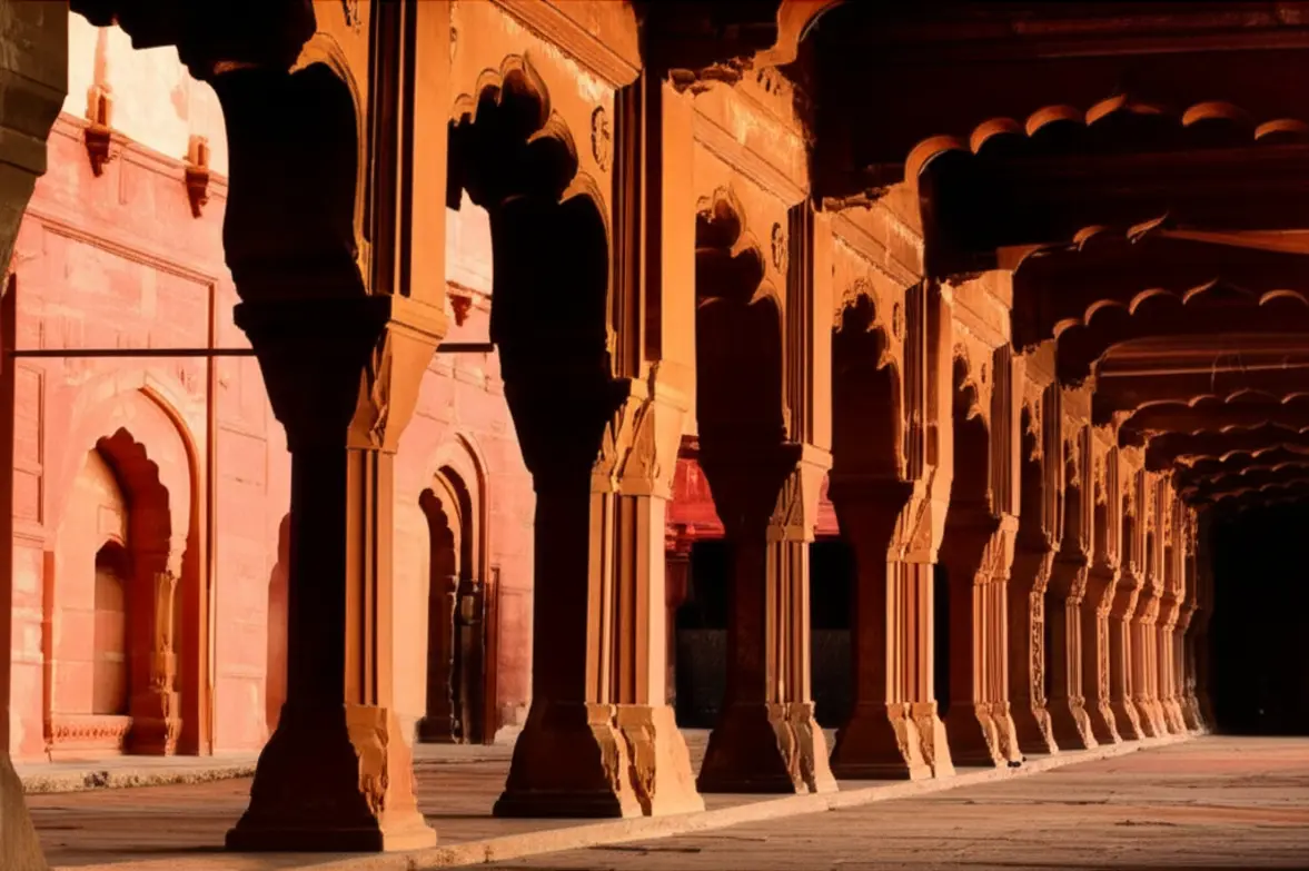 Os detalhes arquitetônicos em arenito vermelho do majestoso Forte de Agra.