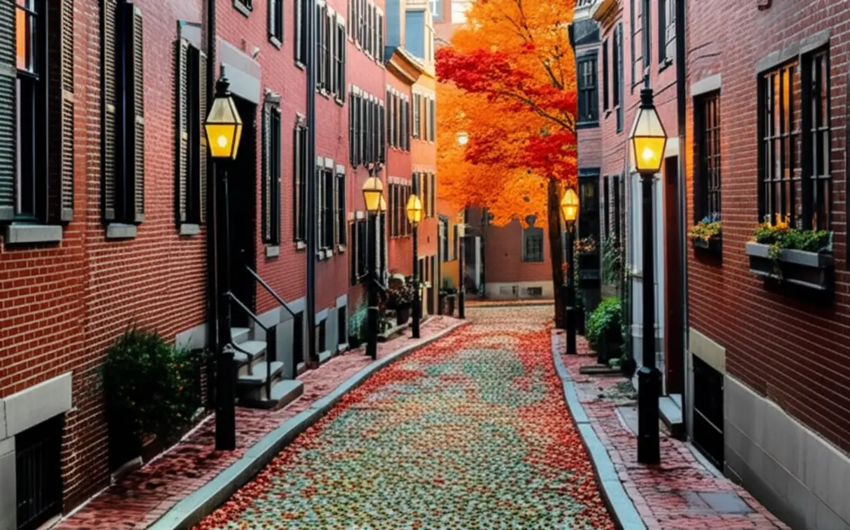 Rua de paralelepípedos histórica em Beacon Hill, Boston, com folhas de outono.