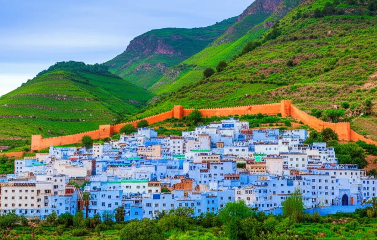Vista panorâmica de Chefchaouen destacando as Montanhas do Rif e as paredes azuis da cidade.