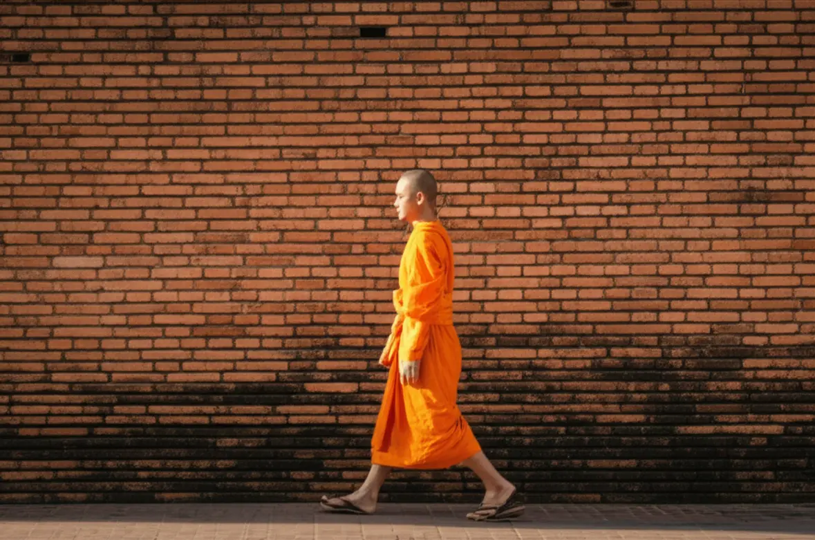 Monge budista em túnica açafrão caminhando pelas muralhas históricas da Cidade Antiga de Chiang Mai.