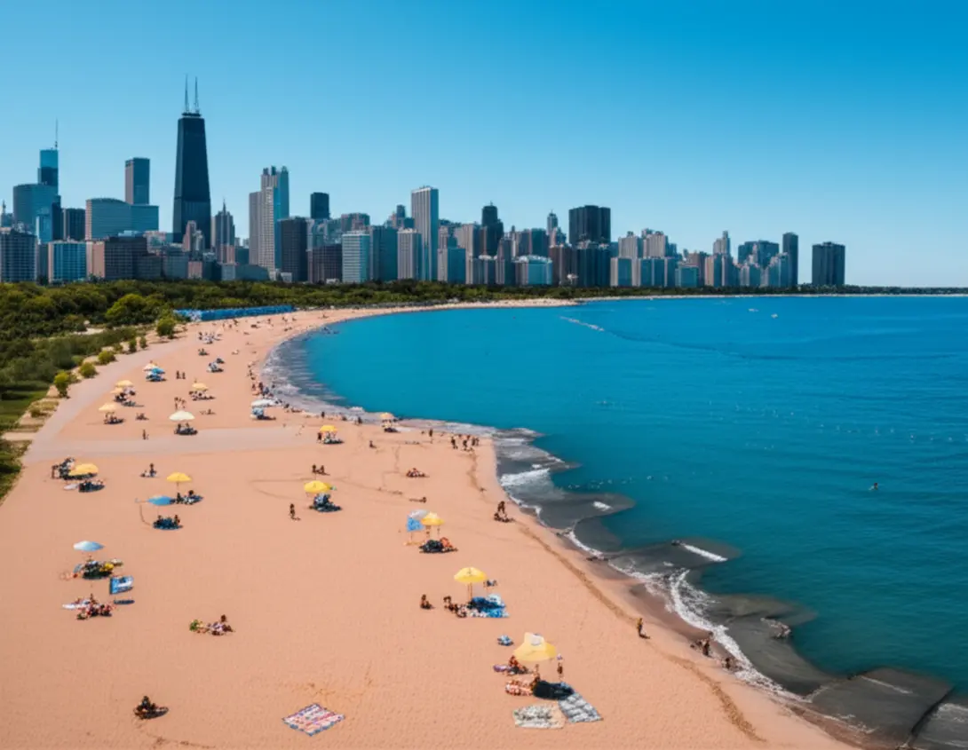 Vista panorâmica da orla de Chicago com o Lago Michigan e arranha-céus ao fundo.