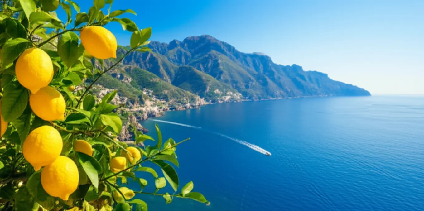 Vista panorâmica das falésias da Costa Amalfitana com limoeiros em primeiro plano sob o sol do Mediterrâneo.