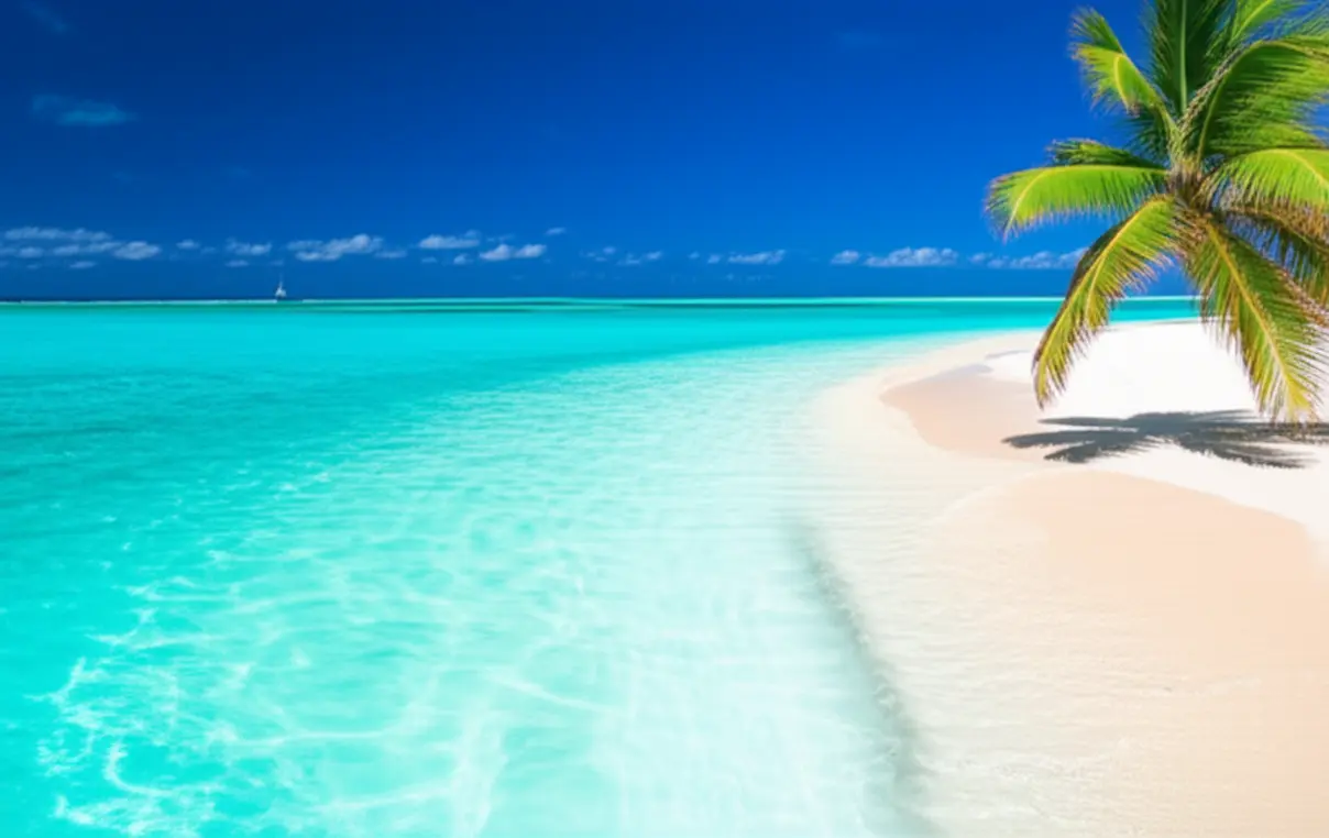 Praia paradisíaca com areia branca e mar em degradê de azul turquesa em Exuma.