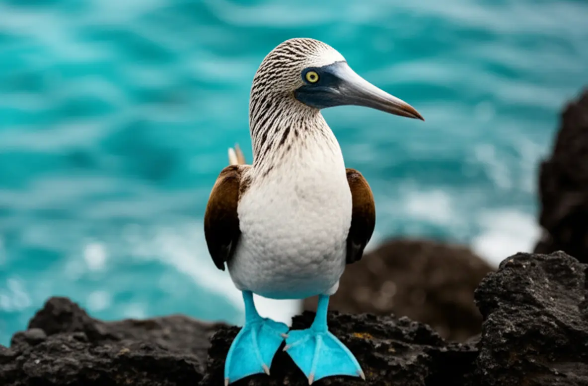 Um Atobá-de-pés-azuis em uma rocha vulcânica nas Galápagos.