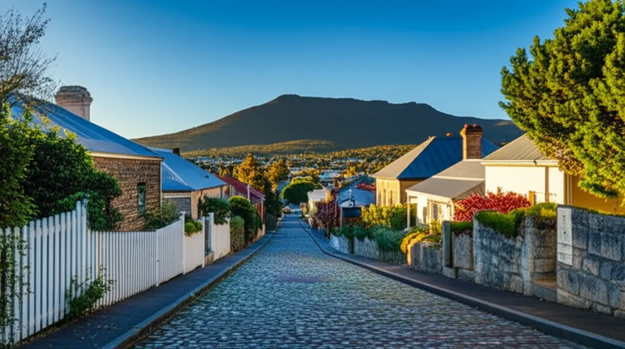 Rua histórica no bairro de Battery Point em Hobart com casas coloniais e o Monte Wellington ao fundo.