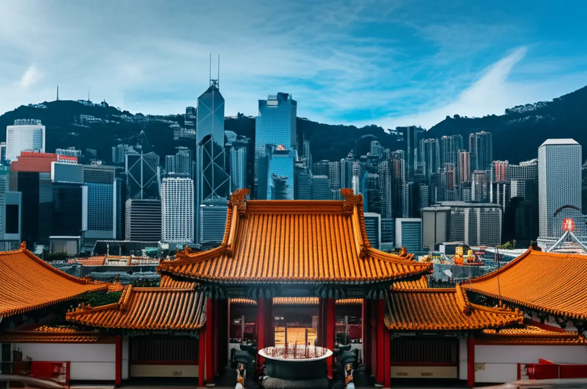 Templo tradicional chinês com prédios modernos ao fundo em Hong Kong.
