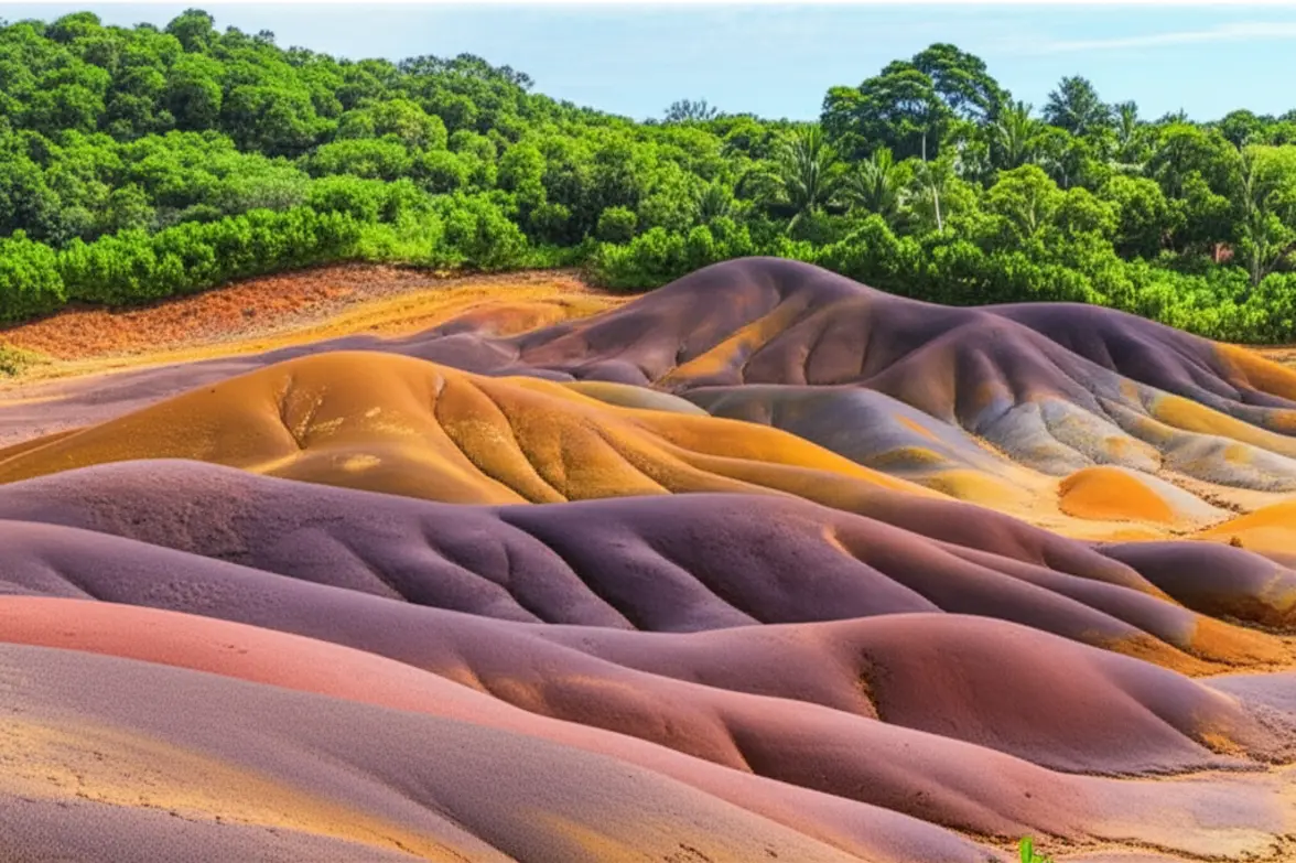 As dunas onduladas da Terra das Sete Cores em Chamarel, exibindo tons de roxo, vermelho e marrom.