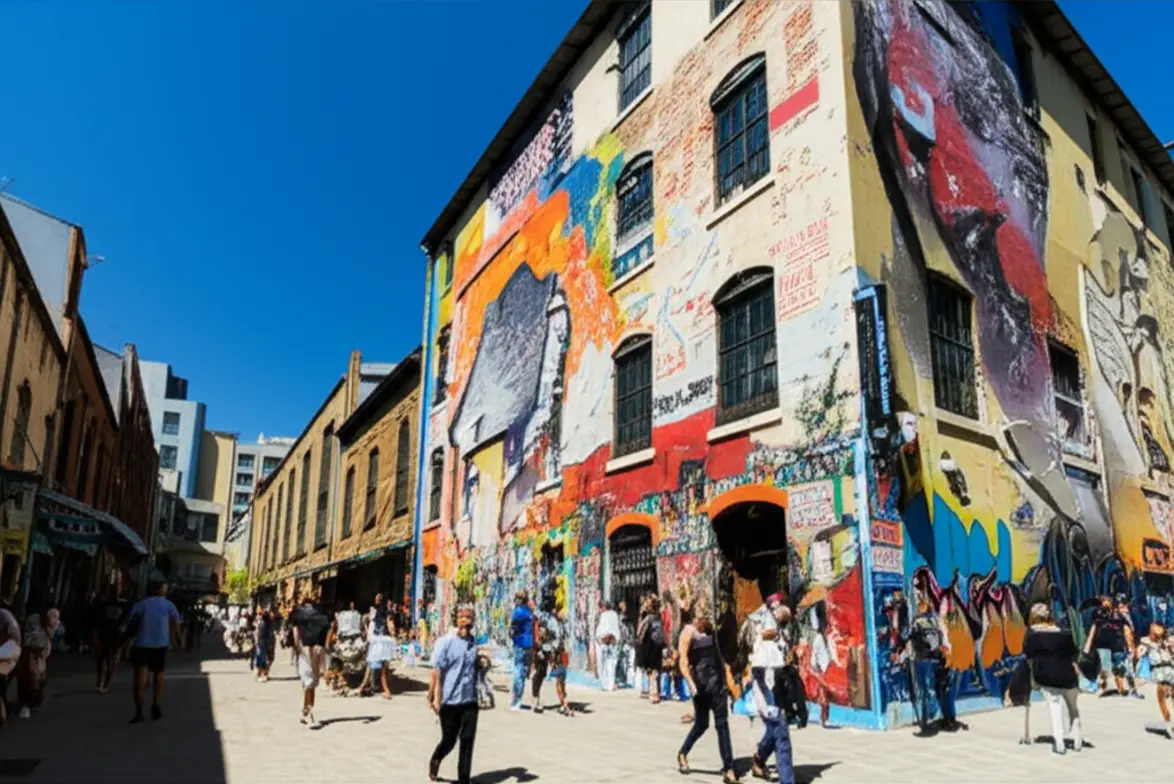Murais de arte urbana coloridos no bairro de Maboneng em Joanesburgo.