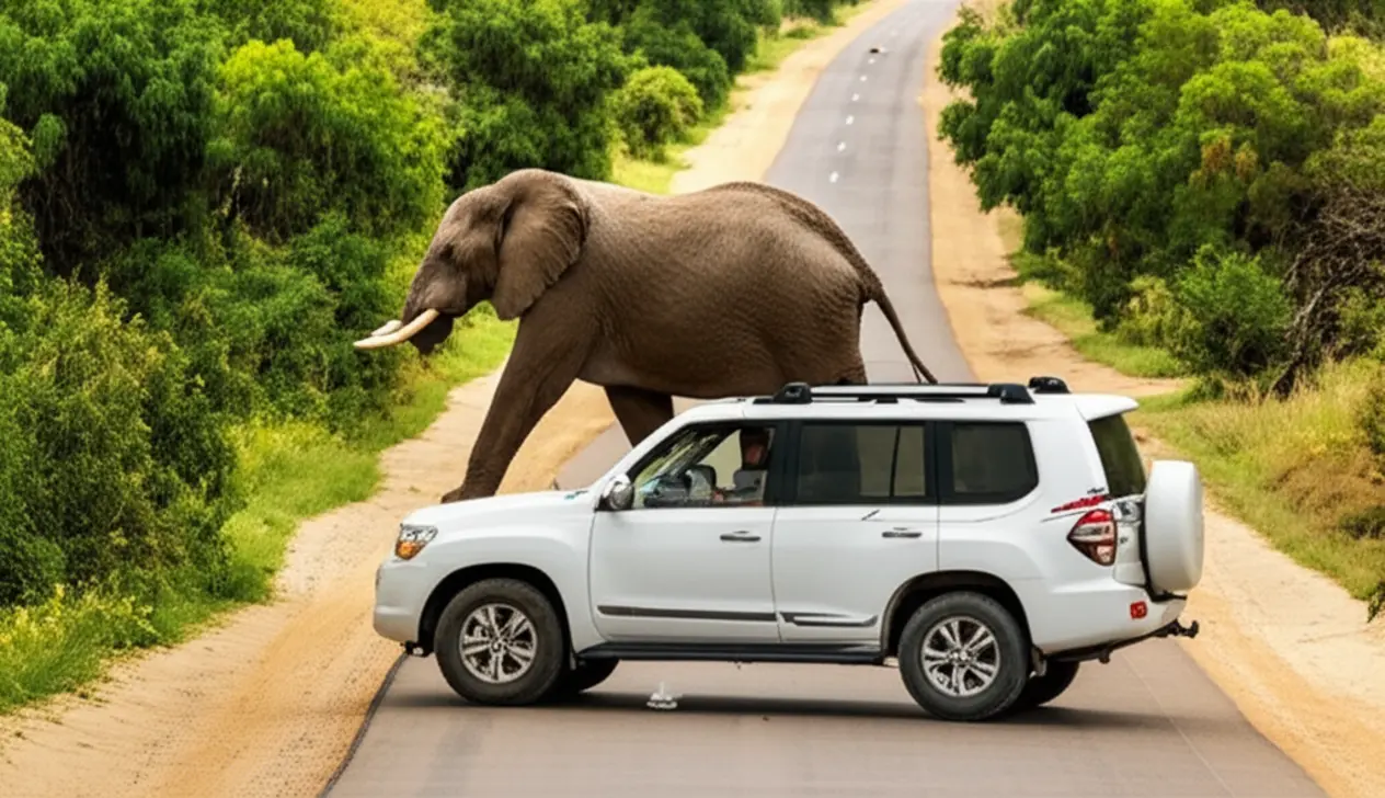 Um elefante africano atravessa uma estrada enquanto um carro de safari observa à distância no Parque Kruger.