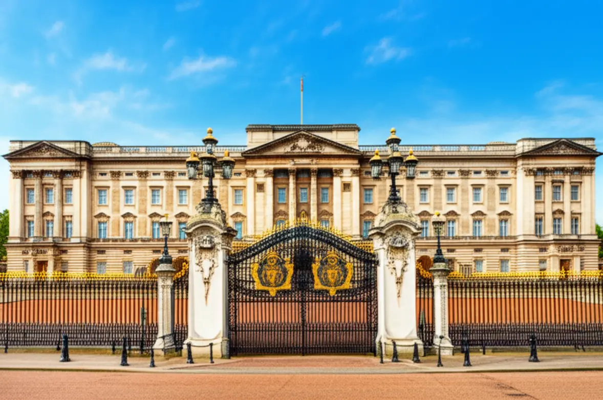 Fachada do Palácio de Buckingham com os portões dourados em destaque.