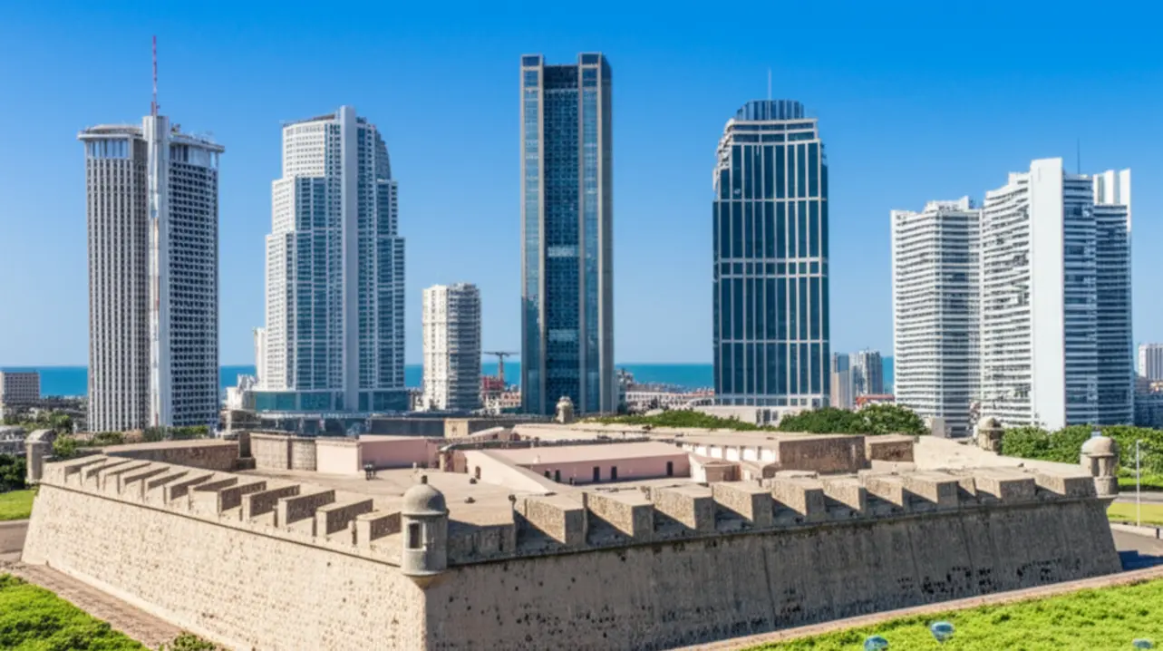 Vista da Fortaleza de São Miguel em Luanda com arranha-céus ao fundo.