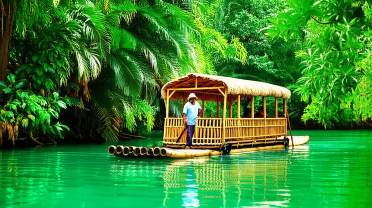 Passeio de jangada de bambu pelo Rio Martha Brae em Montego Bay.