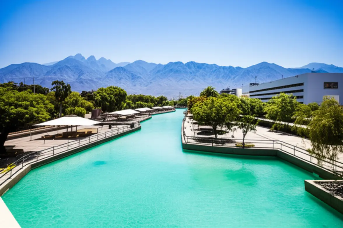 O rio artificial Paseo Santa Lucía em Monterrey cercado por caminhos modernos e montanhas.