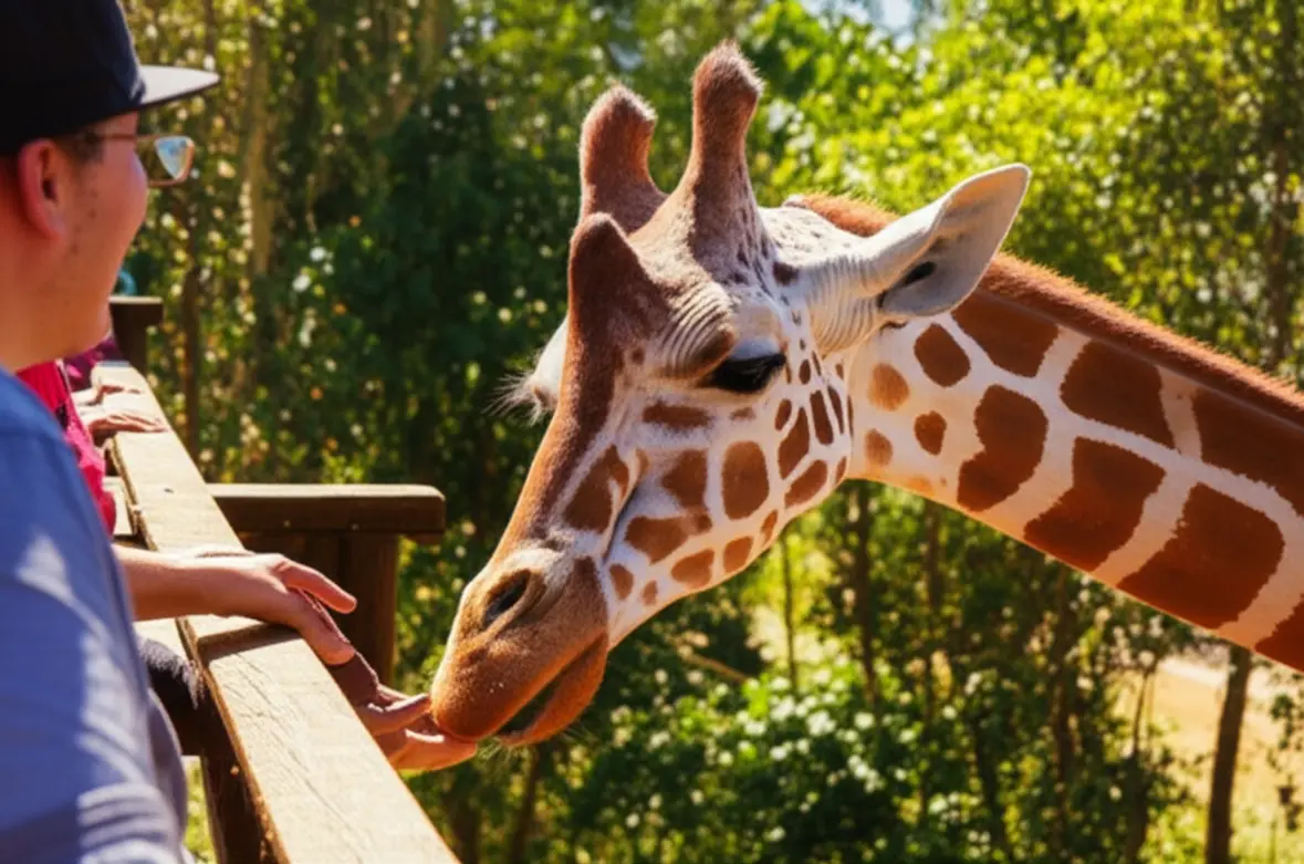 Um turista alimentando uma girafa no Giraffe Centre de Nairóbi.