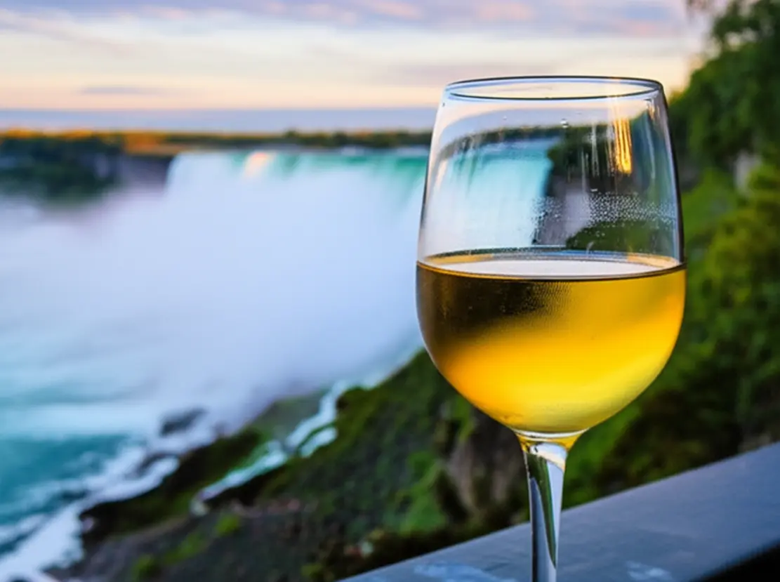 Close-up de uma taça de Icewine com as Cataratas do Niágara ao fundo.