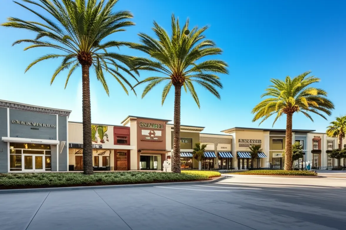 Vista ensolarada de um outlet de luxo em Orlando com palmeiras ao fundo.
