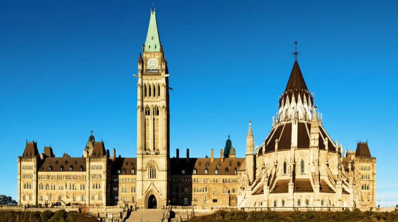 Vista majestosa do Parliament Hill em Ottawa com a Torre da Paz sob o céu azul.