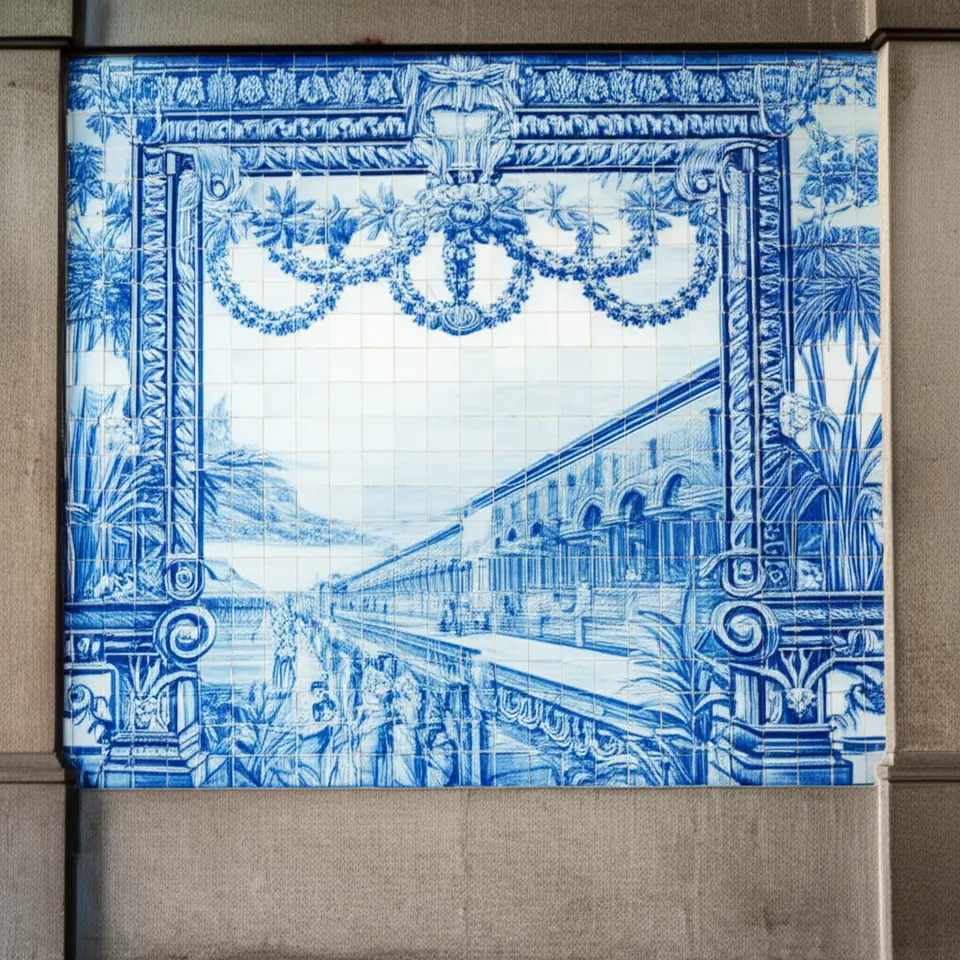 Detalhe dos azulejos azuis e brancos na Estação de São Bento, Porto.