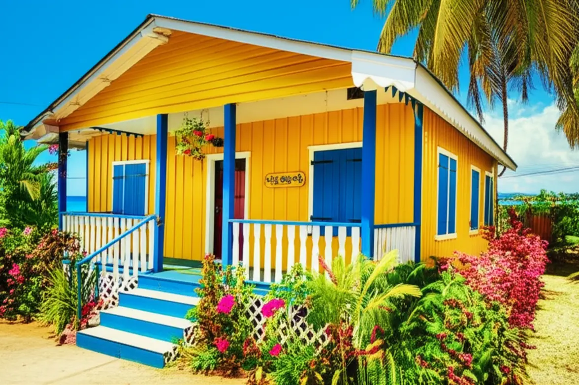 Fachada de uma casa colorida de madeira no estilo Raizal em San Andrés.