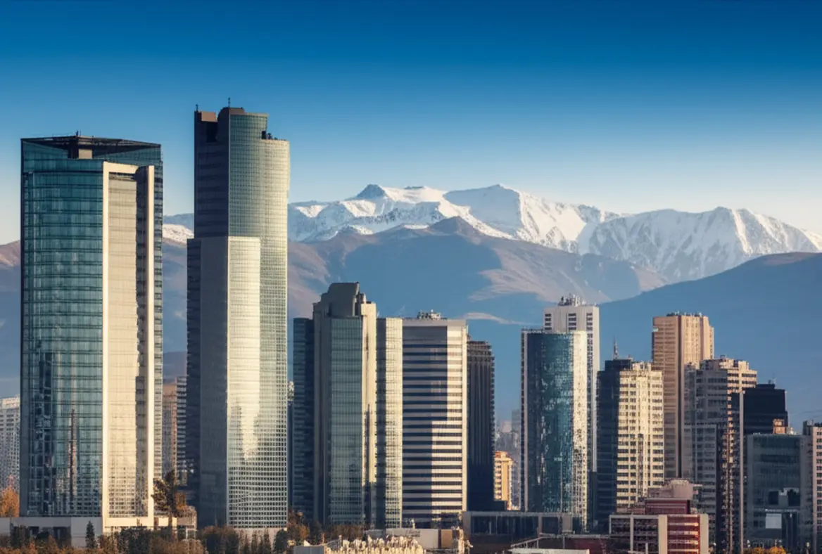 Vista panorâmica do bairro financeiro de Las Condes com a Cordilheira dos Andes ao fundo.
