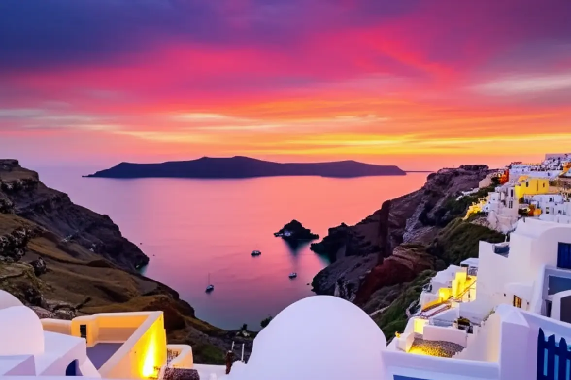 Pôr do sol vibrante iluminando a vila de Oia e a caldeira de Santorini.