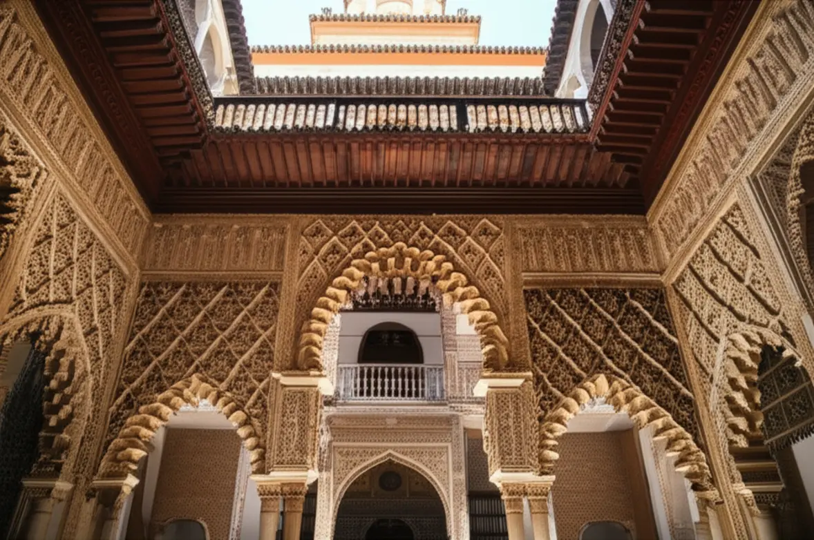 Detalhes arquitetônicos do Real Alcázar de Sevilha com arcos e azulejos.