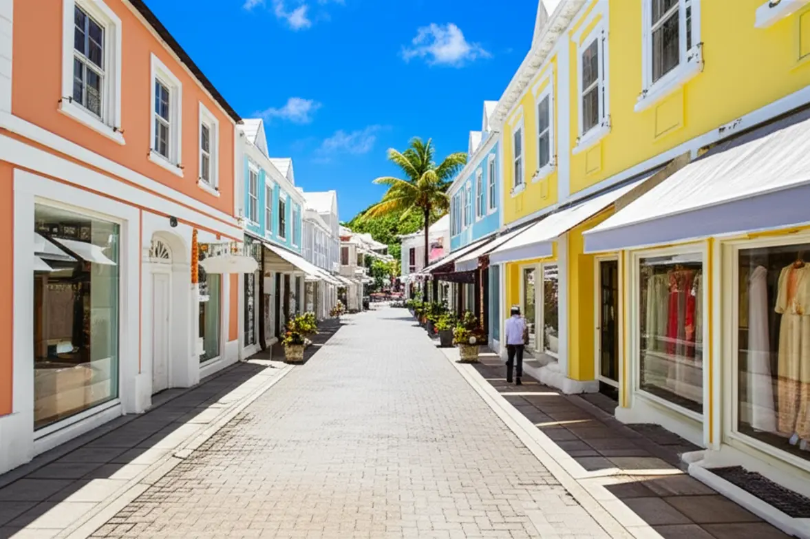 Rua charmosa de Gustavia em St. Barth com boutiques de luxo.