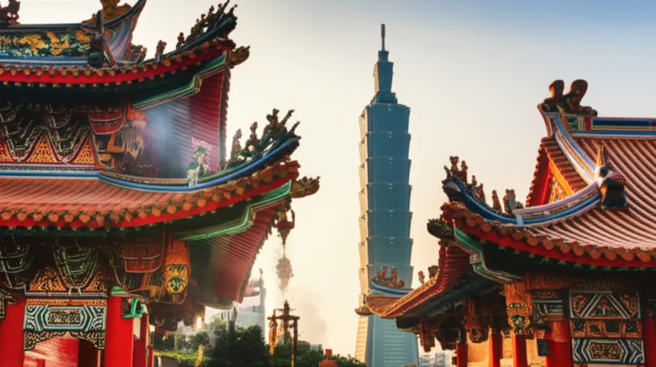 Detalhes arquitetônicos do Templo Longshan com o Taipei 101 ao fundo.