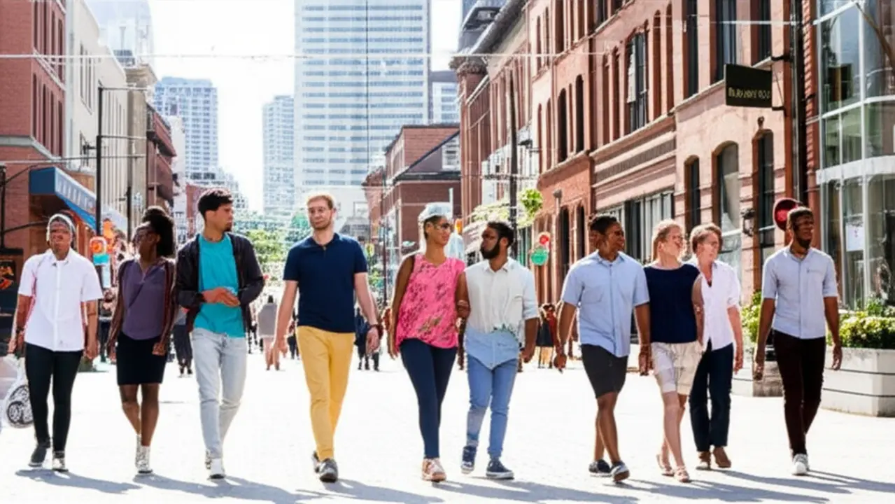Pessoas de diferentes etnias caminhando amigavelmente por uma rua limpa e moderna de Toronto.