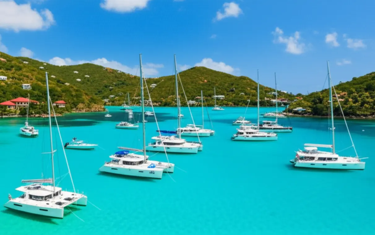 Veleiros e iates ancorados em uma baía de águas azul-turquesa sob o sol do Caribe em Tortola.