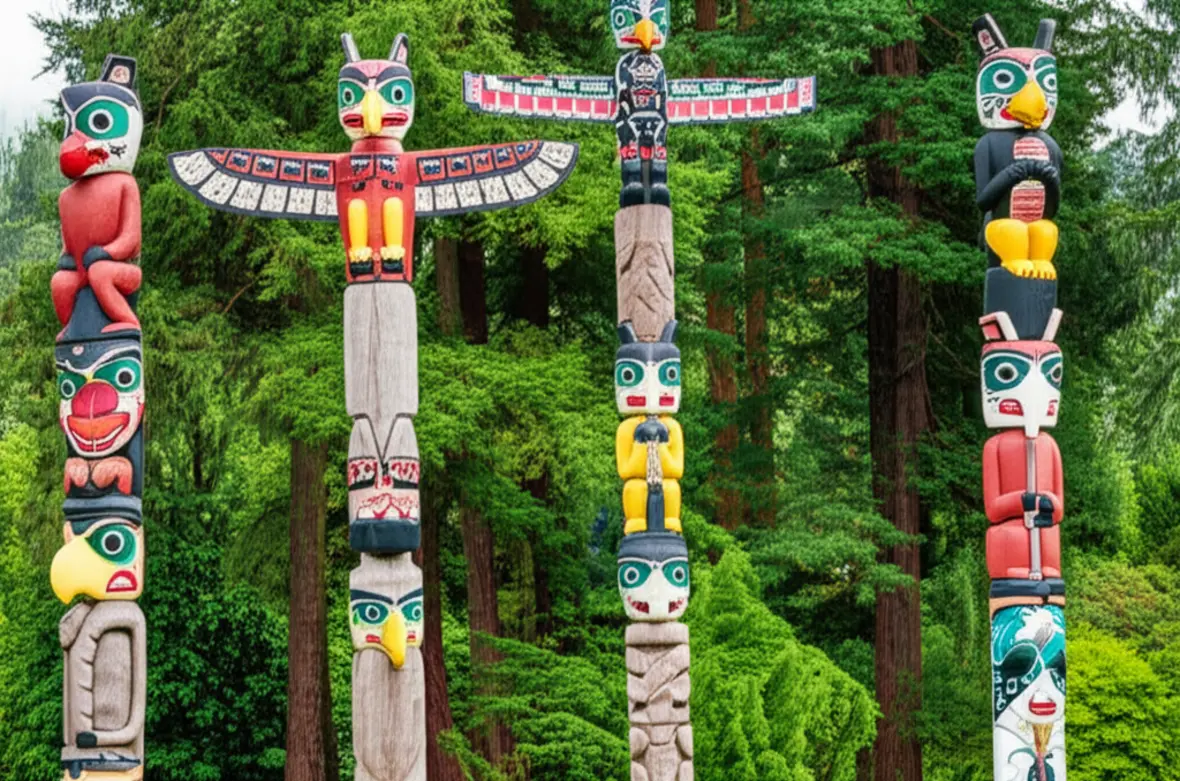 Esculturas de totens indígenas cercadas por floresta densa no Stanley Park em Vancouver.