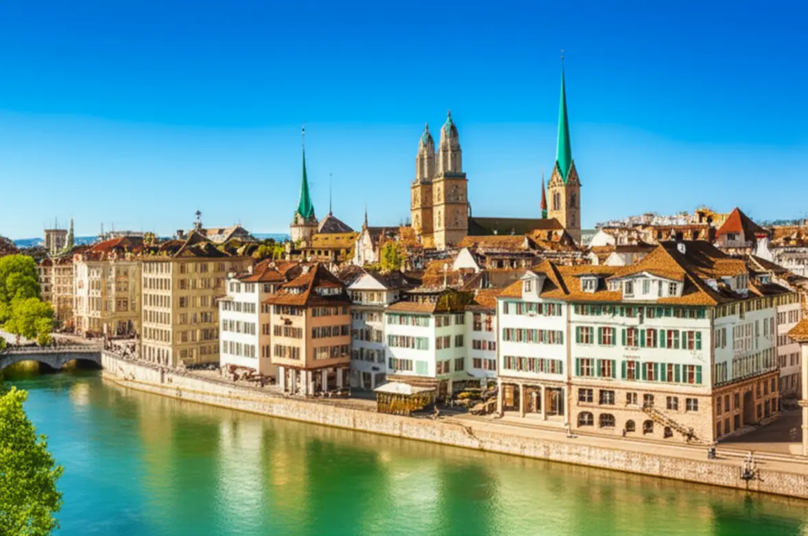 Vista panorâmica do centro histórico de Zurique a partir do mirante de Lindenhof.