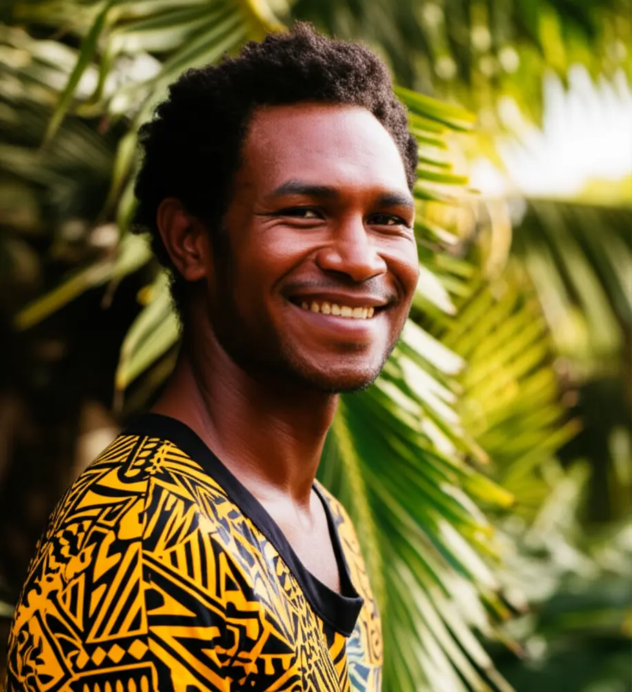 Um homem Ni-Vanuatu sorrindo cordialmente em um ambiente tropical.