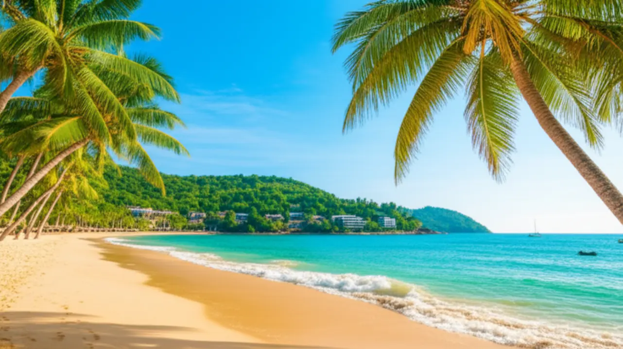 Praia de Kata em Phuket com areia clara, palmeiras e mar calmo.